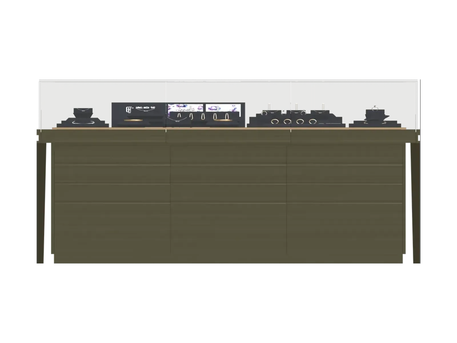 front view of frameless low jewelry counter