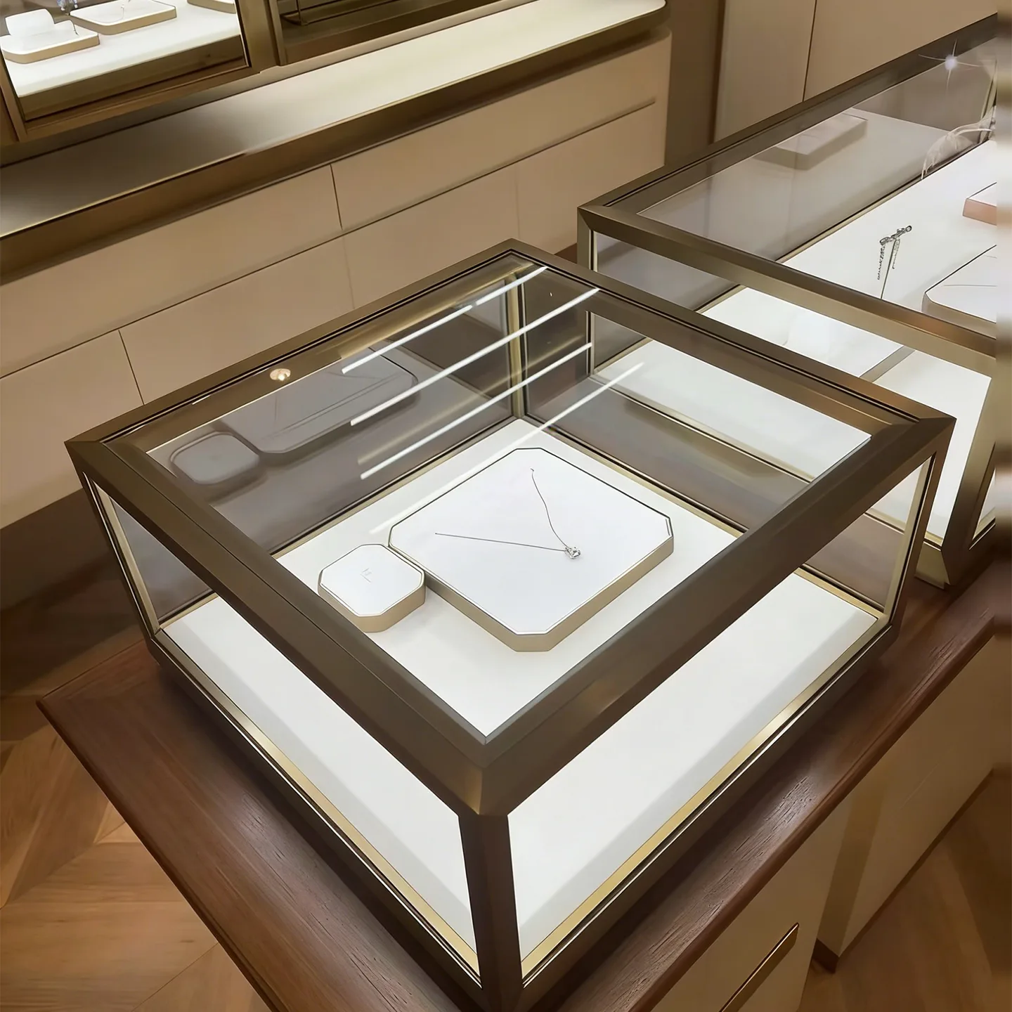 Square glass jewelry counter detail photo